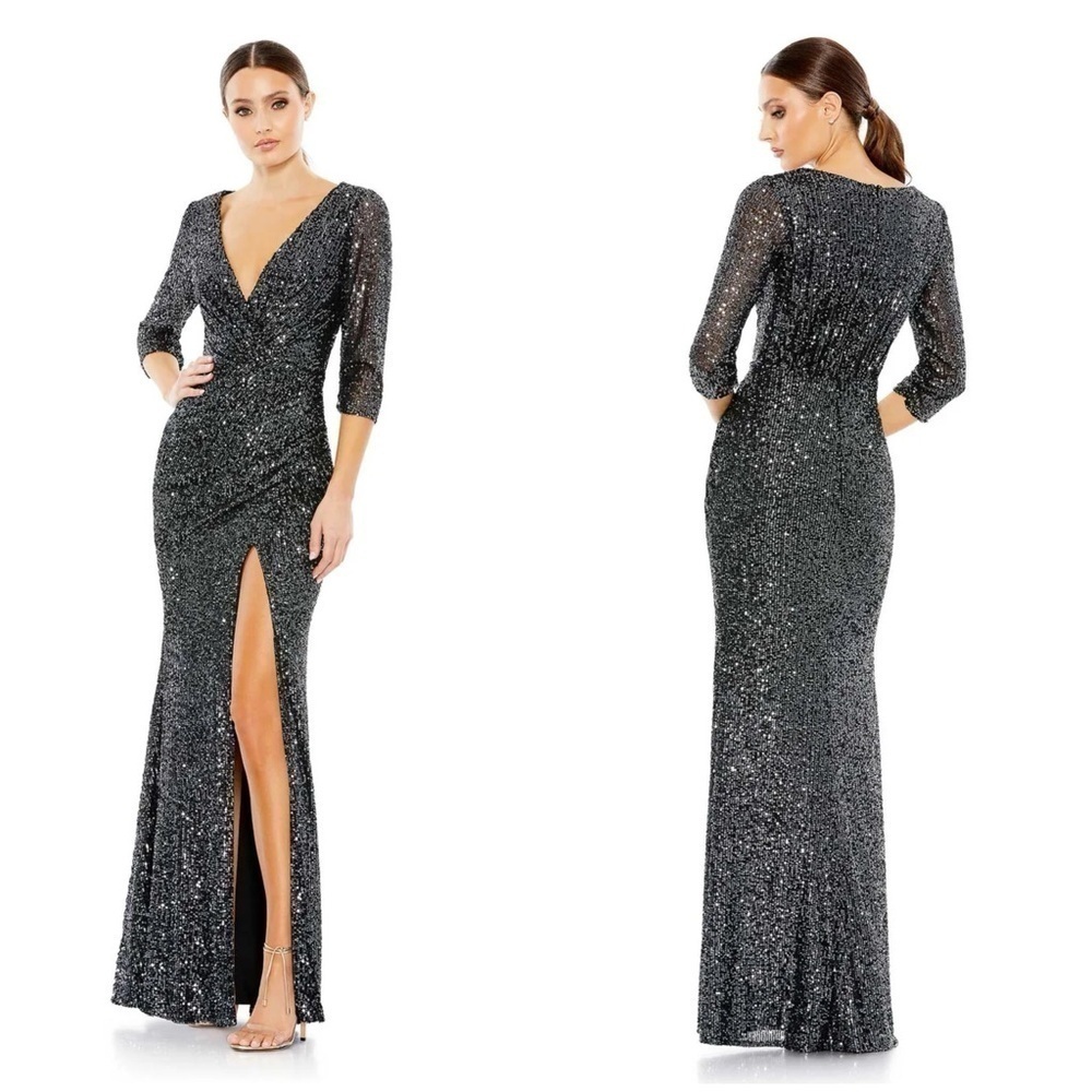 IEENA FOR MAC DUGGAL Sequined Draped 3/4 Sleeve Gown